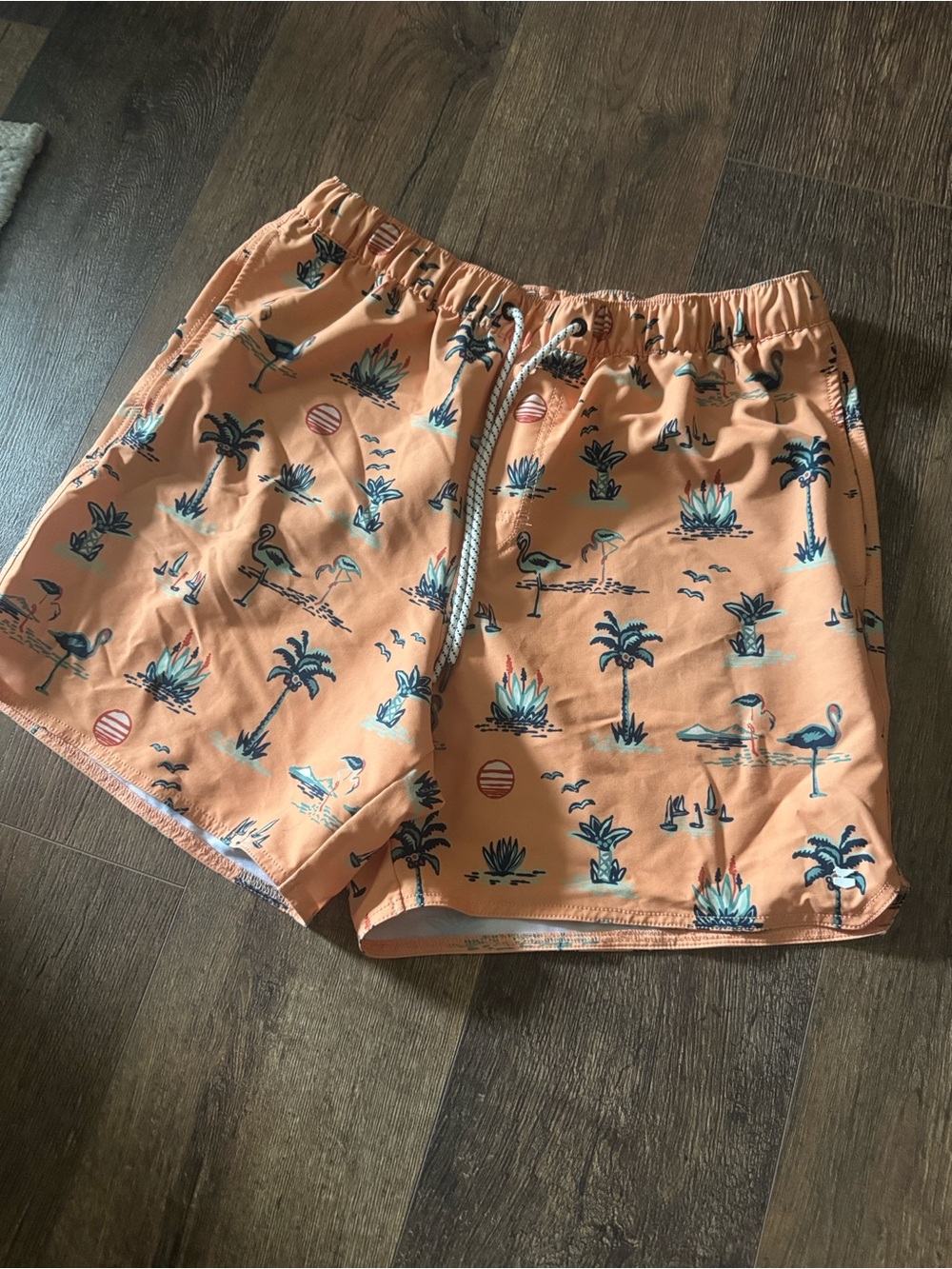 Men's Peach Tropical Print Swim Board Shorts with Drawcord